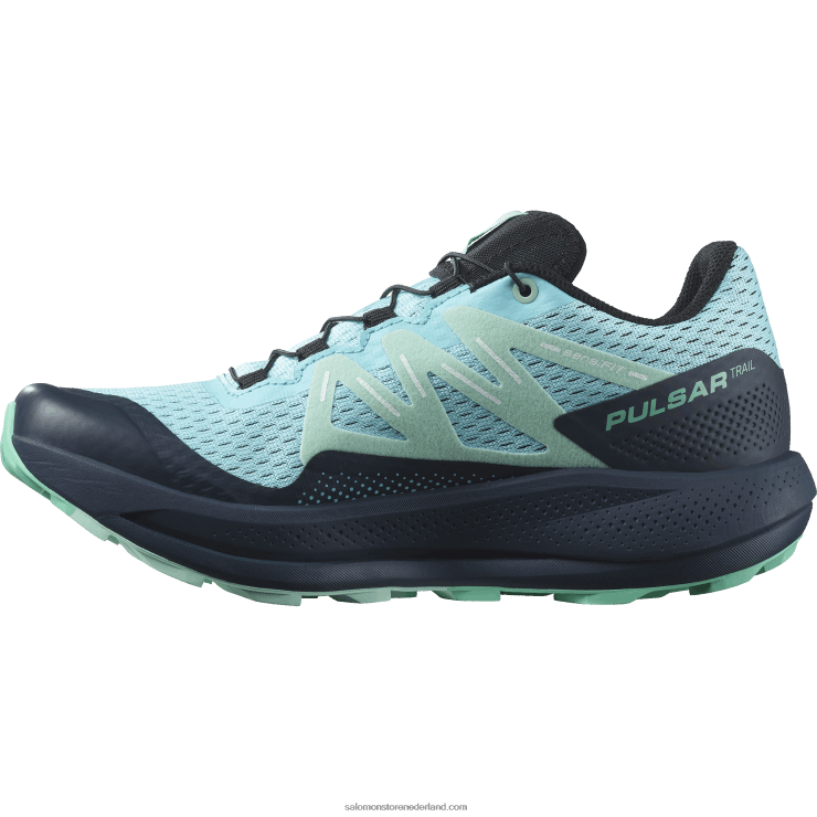 trailrunningschoenen voor dames - pulsar trail Salomon 22DD81513 blauwe uitstraling/koolstof/yucca